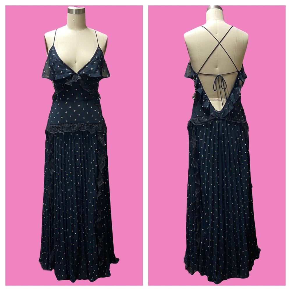 Topshop navy and metallic gold pleated maxi dress low lace up back lace size 6